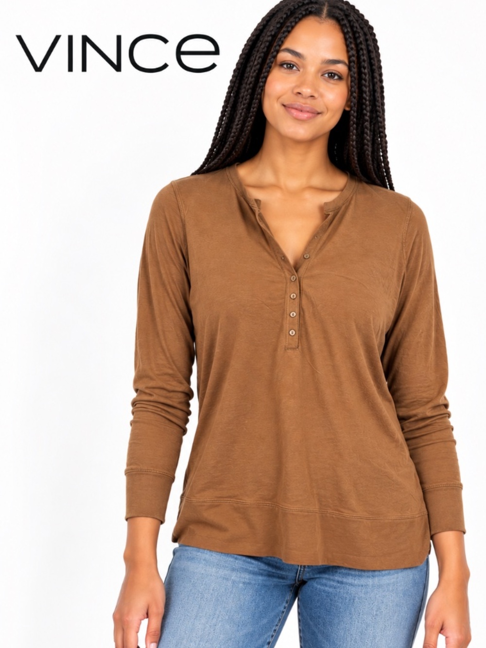 Vince Long-Sleeve Henley Top - Caramel Brown